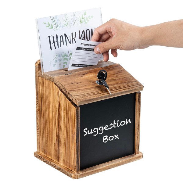MyGift Rustic Burnt Wood Wall Mountable Restaurant Tip, Fundraising Donation Money Collection / Comment Ballot Box with Lock and Key, Clear Acrylic Sign Holder and Chalkboard Surface