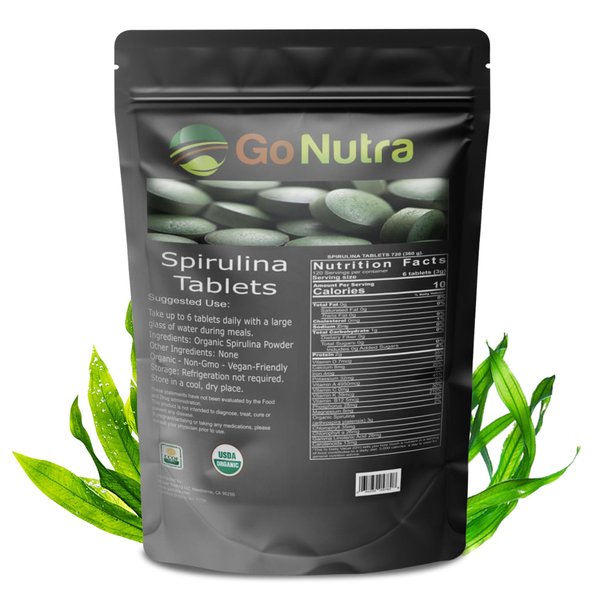 Go Nutra - Spirulina Tablets, Organic Spirulina, Packed with Vitamins, Minerals, Fibers, Amino Acids, and More, All-Natural Spirulina Supplement, Non-GMO, Vegan, 500 mg, 720 Tablets