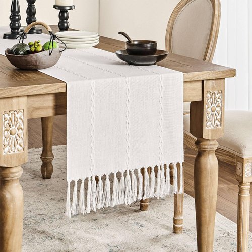 ZeeMart Farmhouse Table Runner, Rustic Table Runners 72 Inches Long, Linen Boho Table Runner, Braided Striped White Table Runner for Dining Party Holiday, 15x72 Inches, Braided Off White