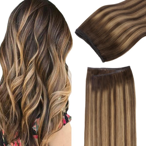 GOO GOO Sew in Hair Extensions Real Human Hair, Weft Hair Extensions Human Hair, 4/27/4 Balayage Chocolate Brown to Caramel Blonde 22 Inch-110g, Weft Bundles Straight Silky Remy Hair