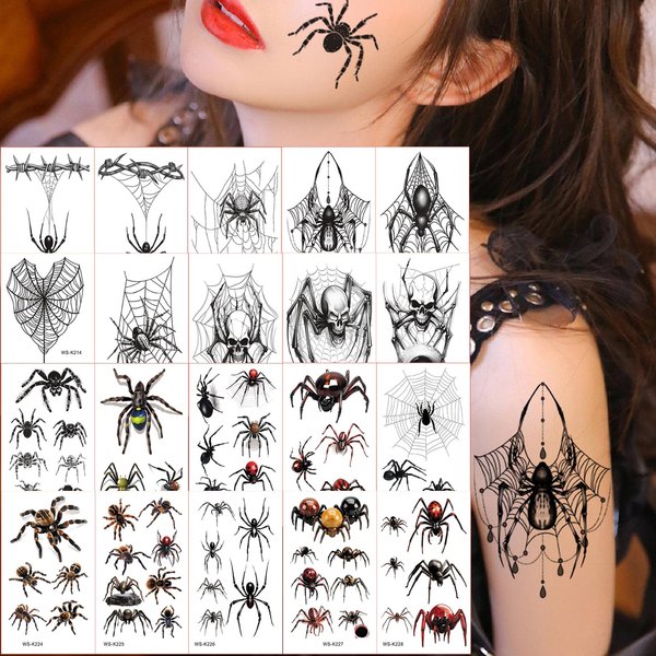 TopFunny Halloween Spider Tattoo, 20 Sheets Temporary Tattoo Sticker Decals Fake Tattoos for Kids Realistic Halloween Theme Prank Makeup Props Cosplay Party Favor Halloween Gifts Spider