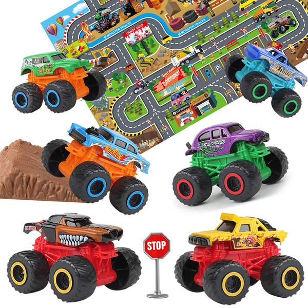 Oriate 6 Pack Die Cast Monster Truck Toy Set for Girls Boys, Include 6 Diecast Monster Trucks w/Indoor Room Activity Mat Kids Car Christmas Party Favors
