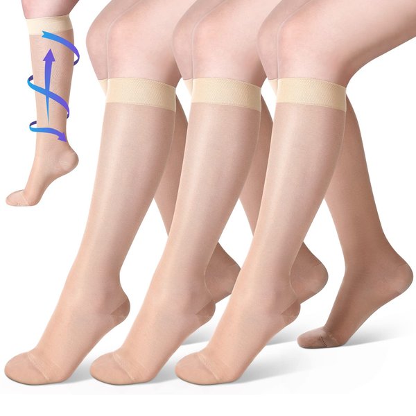 3 Pairs Sheer Compression Socks 20-30 mmHg Sheer Compression Stockings Graduated Compression Socks 20-30 mmHg Knee High Compression Socks for Women Swelling Edema (Nude, Medium)