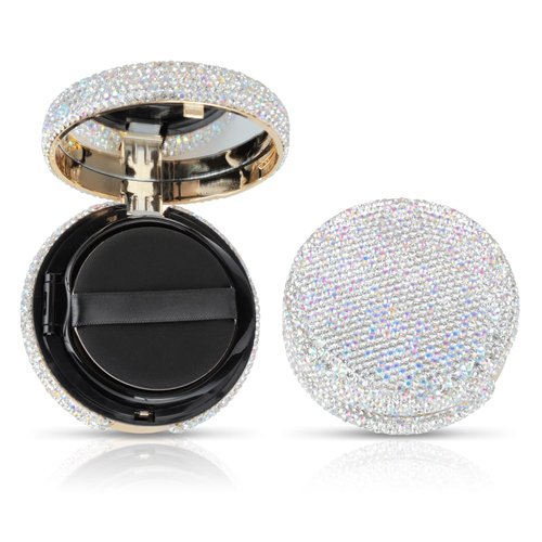KEYPOWER Makeup Powder Empty Box with Bling Diamond Loose Powder Compact Empty Container with Powder Puff and Mirror Refillable for Home or Trip (White)