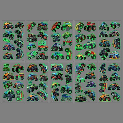Glow in The Dark Monster Truck Temporary Tattoos for Kids 80Pcs (10 sheets) Luminous Monster Truck Tattoos for Kids Boys Girls Birthday Party Supplies Party Favors Fake Tattoos Prize Gifts