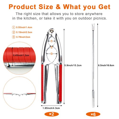 Anglekai Nut Crackers, 8Pcs Multi-Purpose Cracker Tools - Stainless Steel Seafood Pecan Crackers Forks, Non-slip Handle Walnut Cracker Tools, Lobster Crab Leg Cracker Nut Cracking Tools (Red)