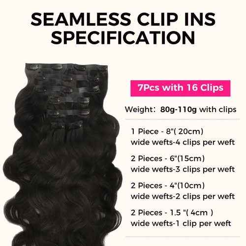 Lashey Seamless Clip in Hair Extensions Remy Human Hair Extensions, 110g 7pcs Body Wave Natural Black Clip in Hair Extensions 100% Real Soft Human Hair Natural Black Human Hair Extensions 14 Inch