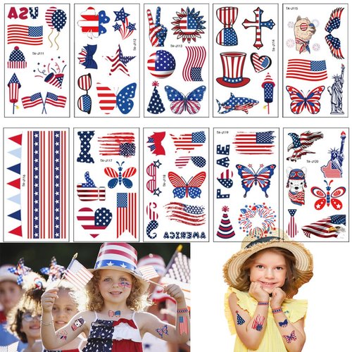 4th of July Decorations Tattoos American Flag Temporary Tattoos Patriotic Body Art Decor Supplies Independence Day Fourth of July Stickers for Kids and Adults
