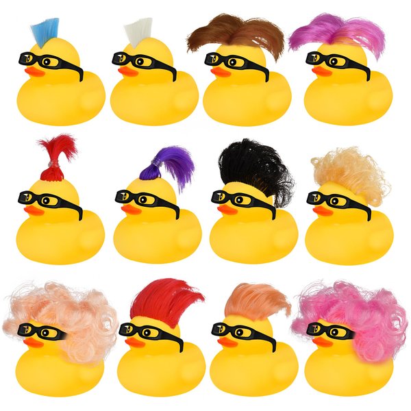 Wig Rubber Ducks Bath Toys, 12 PCS Yellow Mini Rubber Duckies Accessories with Black Hollow Glasses, Cruise Ducks Bathtub Toys Shower Toys for Kids Toddlers Boys Girls
