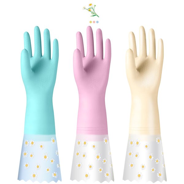 KAQ Reusable Rubber Dishwashing Gloves: 3 Pairs Latex Free Household Cleaning Kitchen Gloves for Washing Dishes