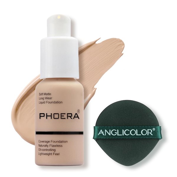 PHOERA Foundation Makeup Naturally Liquid Foundation Full Coverage Mattle Oil-Control Concealer 8 Colors Optional,Great Choice For Gift (#102 Nude,30ml)