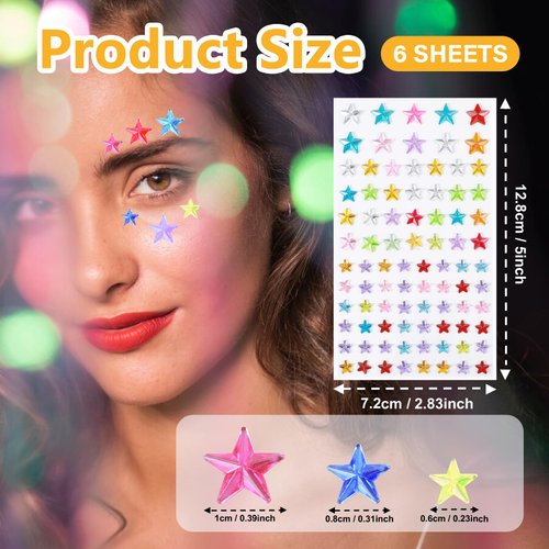 6 Sheet 516PCS Face Jewels Colorful Star Gems Stickers, Eye & Body Makeup Acrylic Rhinestones Self Adhesive Sparkle Freckles Jewels for Women Face, Rave Accessories for Parties, Festival, Daily Use