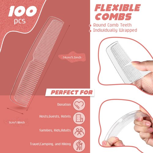 Lallisa 100 Pcs Individually Wrapped Combs Disposable Comb Bulk Combs Hair Cutting Combs Fine Tooth Comb Pocket Barber Combs for Women Men Family Hotel Travel Homeless, Transparent