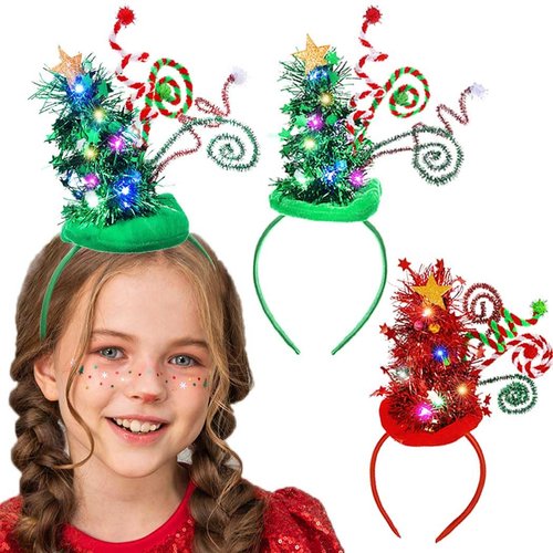 Catery Light up Christmas Headbands Led Christmas Tree Headband Elf Hats Hair Band Xmas Hairband Holiday Hair Hoop Hair Accessories for Women and Kids (Set-B)