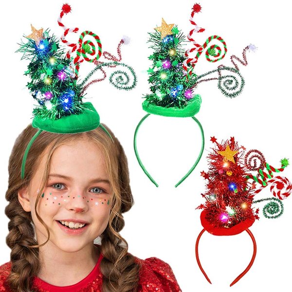 Catery Light up Christmas Headbands Led Christmas Tree Headband Elf Hats Hair Band Xmas Hairband Holiday Hair Hoop Hair Accessories for Women and Kids (Set-B)