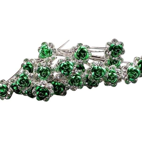 Various Beautiful Designs of Pearl/Crystals and Rhinestone Flower Hair Pins for Brides/Bridesmaids/Prom/Sweet Sixteen/Quinceanera/Weddings - Set of 20 (Green Roses)
