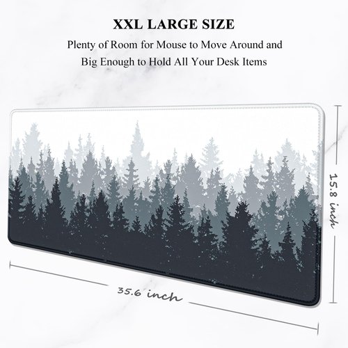 Auhoahsil Large Mouse Pad, Full Desk XXL Extended For Gaming 35" X 15", Waterproof Mat with Stitched Edge, Non-Slip Laptop Computer Keyboard Mouse Pad for Office & Home, Misty Forest Design