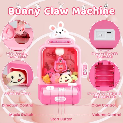 Rmischolar Claw Machine for Kids, Bunny Toy Glowing Arcade Game with LED Lights & Sound, Mini Vending Machines Candy Grabber Prize Dispenser with Mini Plush Dolls, Home Party Christmas Birthday Gifts