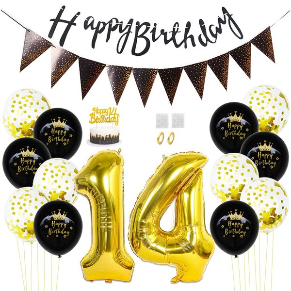 Daimay 14th Birthday Party Decorations Gold Black Happy Birthday Latex Confetti Balloons Triangle Flag Banner Number 14 Foil Balloon Cake Topper for Men Women Anniversary Birthday Party Supplies