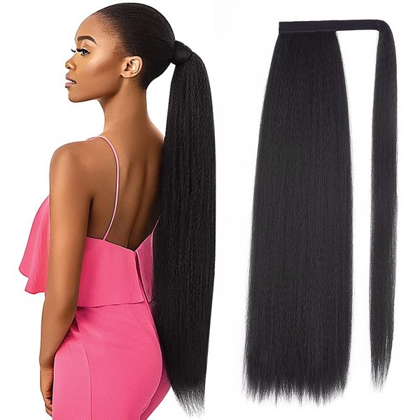 30 Inch Kinky Straight Ponytail Extension, Soft & Natural as Human Hair, Wrap Around Ponytail Extension for Black Women, Long Italian Yaki Synthetic Hair Extension, Natural Black(1B)