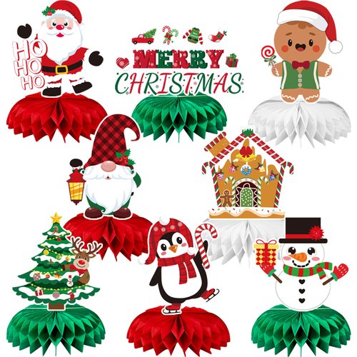 JULMELON Christmas Table Decorations Honeycomb Centerpieces,8 PCS 3D Double Side Xmas Holidays Table Centerpieces Cute Santa Snowman Table Toppers Decor for Christmas Party Supplies