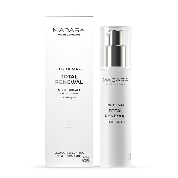 MÁDARA Organic Skincare | Time Miracle Total Renewal Night Cream - 50ml, With multi-molecular Hyaluronic Acid and balancing Physio-Zinc, Based on Northern Birch Water, Vegan, Ecocert certified.