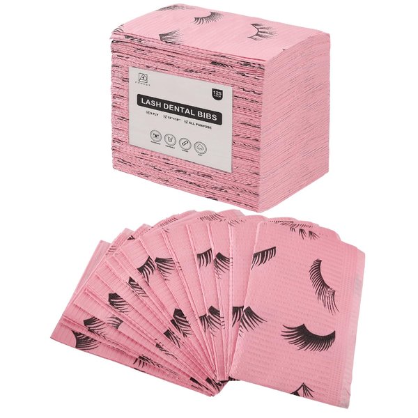 PRASNE Lashing Dental Bibs Disposable Pack of 125, Lash Pillow Cover of Lash Supplies, Pink 3-Ply Paper Poly Waterproof Towels, 13” x 18”, Black Eyelash Printed