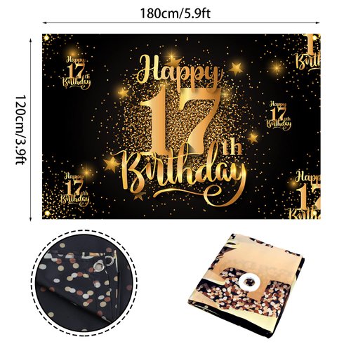 Happy 17th Birthday Backdrop Banner Step and Repeat 17 Years Old Background Decorations for Women Men Her Him Photography Party Supplies Glitter Black Gold