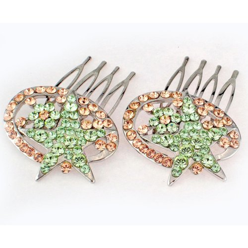 Janefashions 2Pcs Star Green Austrian Rhinestone Cystal Hair Side Combs Barrette Clip B131g