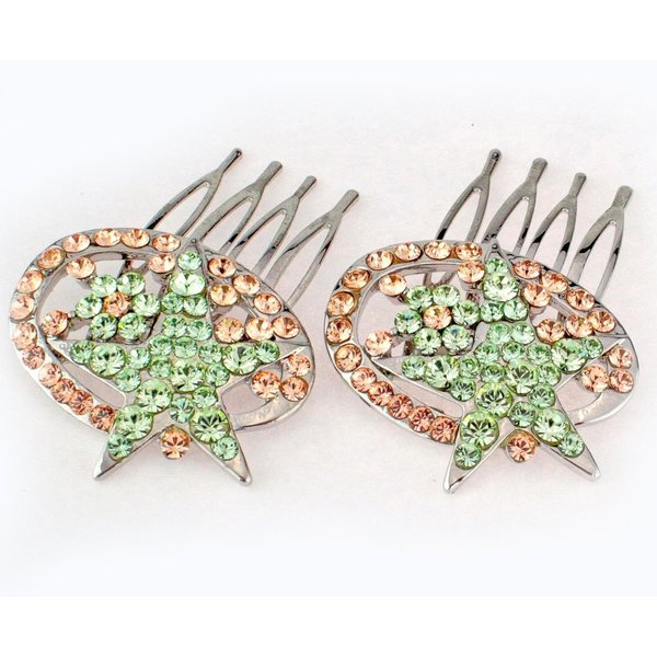 Janefashions 2Pcs Star Green Austrian Rhinestone Cystal Hair Side Combs Barrette Clip B131g