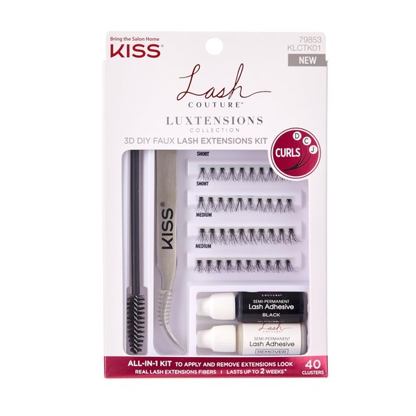 KISS Lash Couture Luxtension, False Eyelashes, Lash Extension Kit, 12 mm, Includes 40 Wisps, Tweezers, Spoolie, Semi-Permanent Lash Adhesive And Remover, Easy to Apply, Reusable