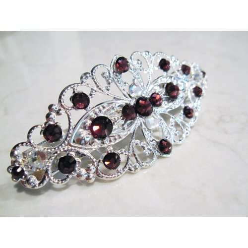 Silver filigree hair clip barrette with purple crystals bridal hair clip