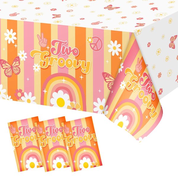Jecery 3 Pieces Two Groovy Tablecloth Rainbow Retro Hippie Table Covers Plastic Birthday 60s Party Decorations Disposable Rectangle Waterproof Boho Daisy Table Cloth for Kids Girls Favors Baby Shower