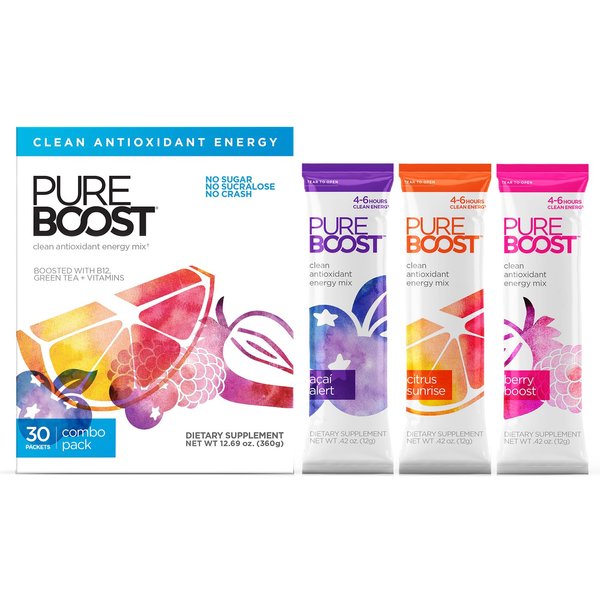 Pureboost Clean Energy Drink Mix + Immune System Support. Sugar-Free Energy with B12, Multivitamins, Antioxidants, Electrolytes (Combo Pack, 30 Stick Packs)