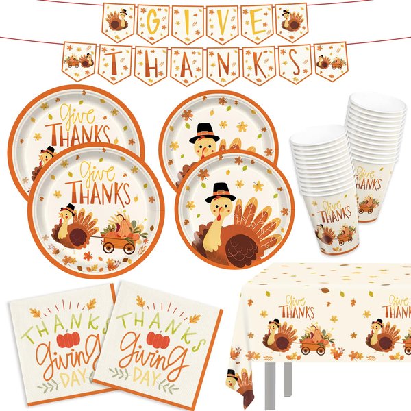 122pcs Thanksgiving Party Supplies Fall Turkeys Plates Napkins Paper Cups Party Supplies Disposable Banner Tablecloth Birthday Tableware Party Supplies Severs 30 Guests