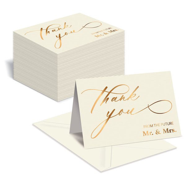 Better Office Products 50 Pack Wedding Engagement Thank You Cards in Metallic Gold with Envelopes, 4 x 6 Inch, Wedding Shower Thank You From The Future Mr and Mrs, Blank Cards, 50 Count Boxed Set