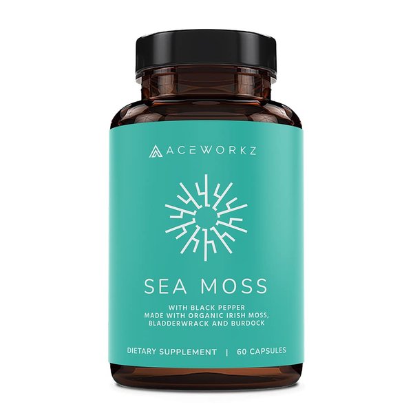 ACEWORKZ USDA Certified Organic Irish Sea Moss Capsules, Burdock Root & Bladderwrack with BioPerine® - Prebiotic Super Food - Thyroid and Gut Health - Healthy Skin & Anti-Aging (60 Capsules)
