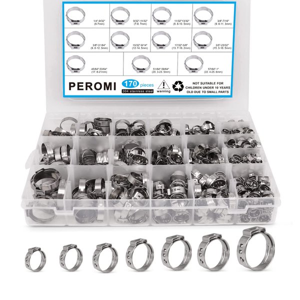 PEROMI 170 Pcs Single Ear Hose Clamp, 11 Sizes 1/4-1 Inch Stepless Stepless Cinch Rings Crimp Assortment Kit for Water Pipe, Plumbing and Automotive Use