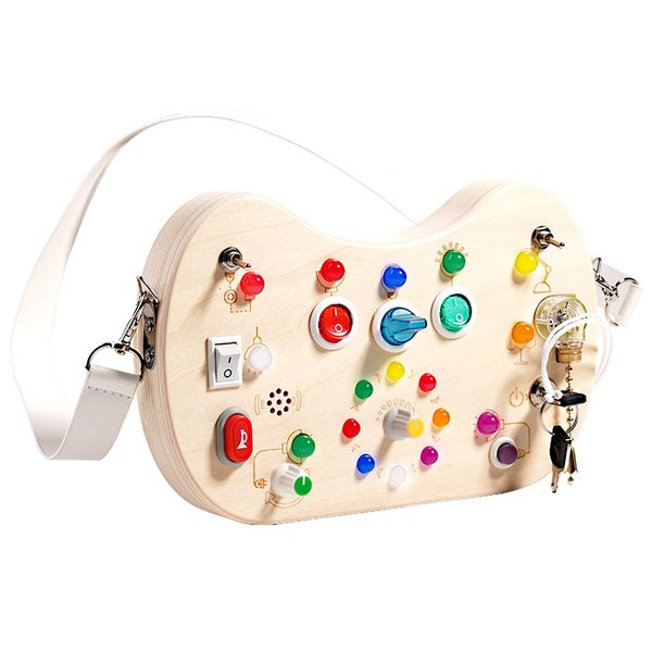 Wooden autistic sensory toy, shoulder bag style LED switch board for toddlers, suitable for children 3-6 years old to develop fine motor skills