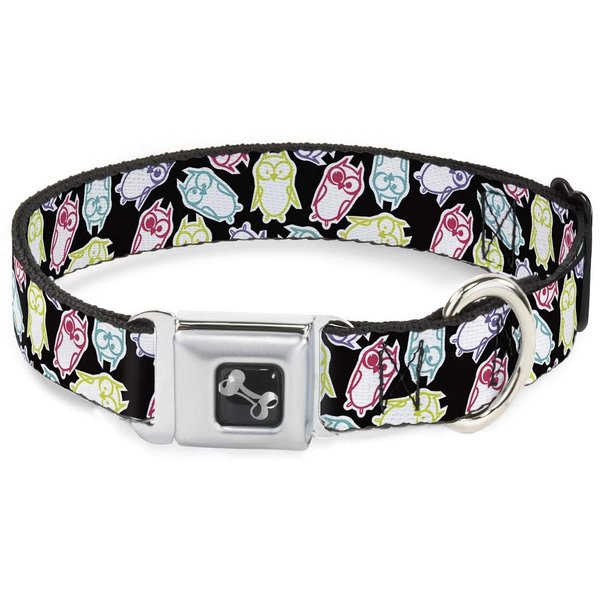 Dog Collar Seatbelt Buckle Owl Sketch Black White Multi Color 18 to 32 Inches 1.5 Inch Wide