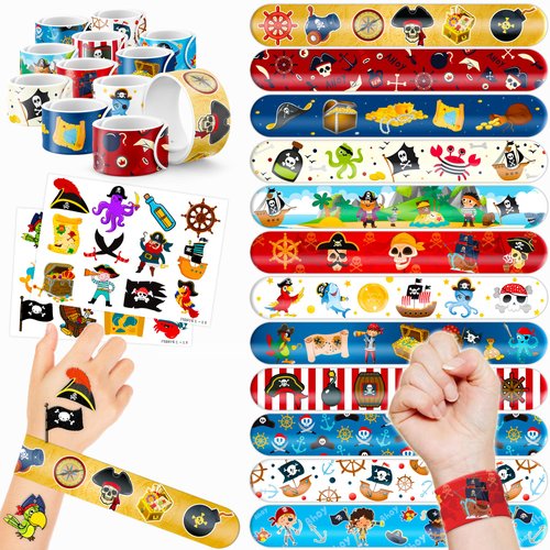 48 Pirate 24PCS Pirate Temporary Tattoos Sticker 24PCS Slap Bracelets Perfect for Themed Birthday Baby Showers or Classroom Rewards Ideal Decor and Gifts for Girls and Boys