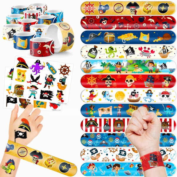 48 Pirate 24PCS Pirate Temporary Tattoos Sticker 24PCS Slap Bracelets Perfect for Themed Birthday Baby Showers or Classroom Rewards Ideal Decor and Gifts for Girls and Boys
