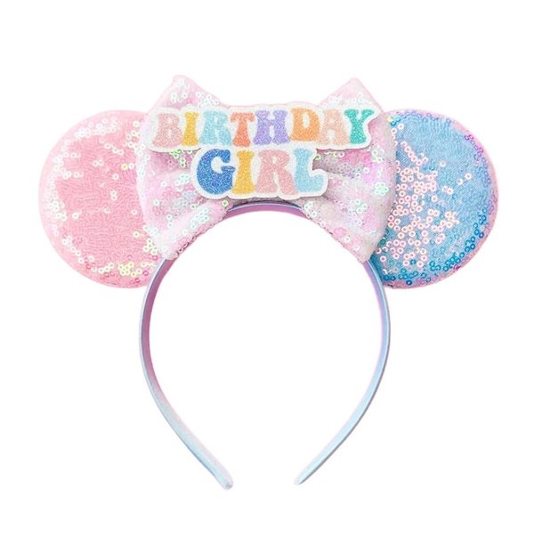 WW-WONDERFULWORLD Birthday Girl Crown Headbands Minnie Mouse Ears With Shiny Sequins Diamond Decoration, for Girls Costume Cosplay Glitter Party, for Kids & Adult, Pink+Blue; BR-7
