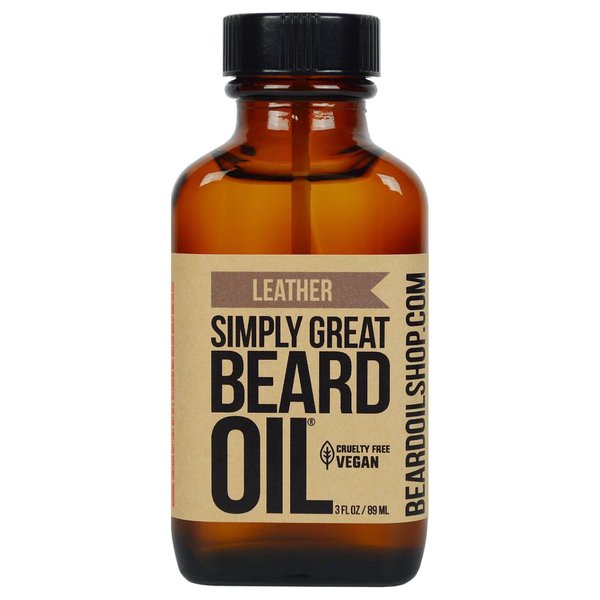 Simply Great Beard Oil - LEATHER - Scented Beard Oil - Beard Conditioner 3 Oz Easy Applicator - Natural - Vegan and Cruelty Free Care for Beards - Gifts for Men