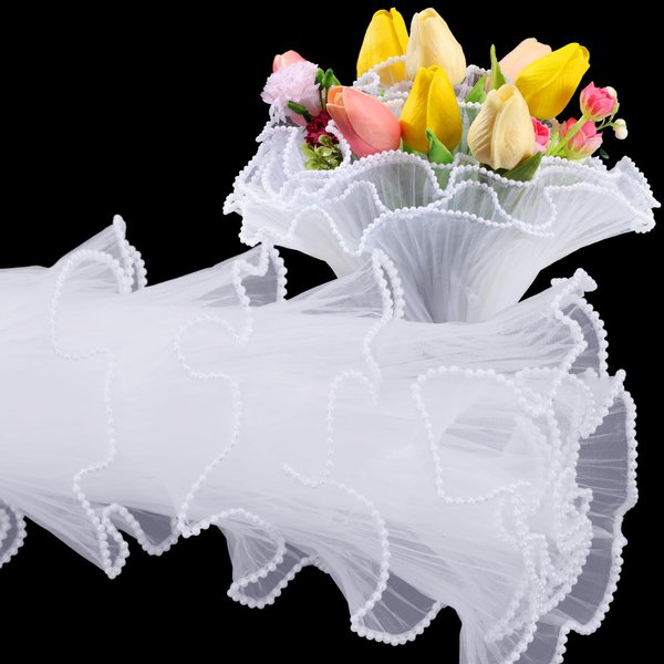 Eersida 5 Pcs Korean Flower Wrapping Paper 15 x 157'' in Bouquet Floral Packaging White Ruffle Yarn Floral Wrapping Paper Pearl Edge Mesh Wrap Roll Flowers Gift Wrap Net for Valentine's Day Birthday