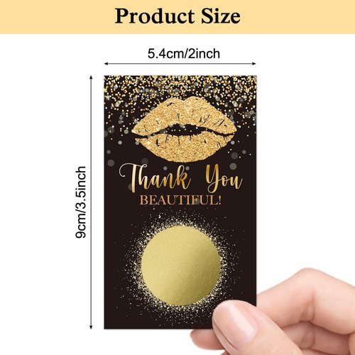Haizct 50 Pack Thank You Blank Gift Certificate Scratch Off Cards for Small Business, Spa Beauty Makeup Hair Salon, Bridal Shower, Baby Shower, Country Wedding (Golden lip gloss)-GK095
