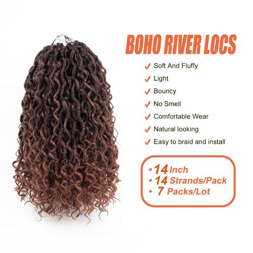 Aipin Goddess Locs Crochet Hair 14 Inch River Locs Boho Hippie Locs Wavy Crochet With Curly Hair In Middle And Ends Braids Hair Extensions (7Packs,14 inch, T30)
