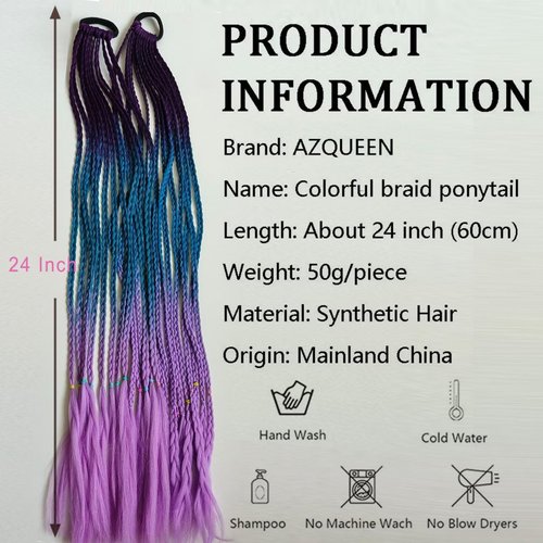 meigick 1PC Ponytail Extensions Purple Colored Braids Hair Extension with Rubber Bands 24” Long Braided Synthetic Ponytail HairPieces Highlights Rainbow Crazy Day Hair Accessories for Women Girls Kids