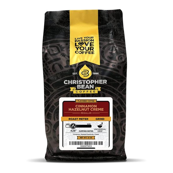 Christopher Bean Coffee - Cinnamon Hazelnut Crème Flavored Coffee, (Regular Ground) 100% Arabica, No Sugar, No Fats, Made with Non-GMO Flavorings, 12-Ounce Bag of Regular Ground coffee