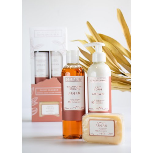 La Savonnerie du Pilon du Roy Argan Oil Coffret Gift-Box Set with Body Shower-Gel Body Milk and Soap Bar with Regenerative Vegetable Oil Hydrating and Nourishing Lotion for All Types of Skin